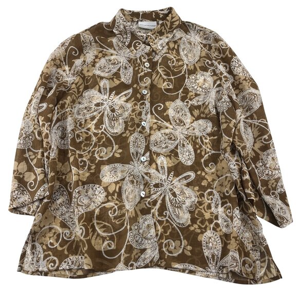 Alfred Dunner Petite 12P Floral butterfly Button-Up Shirt  Brown/White - Picture 1 of 4